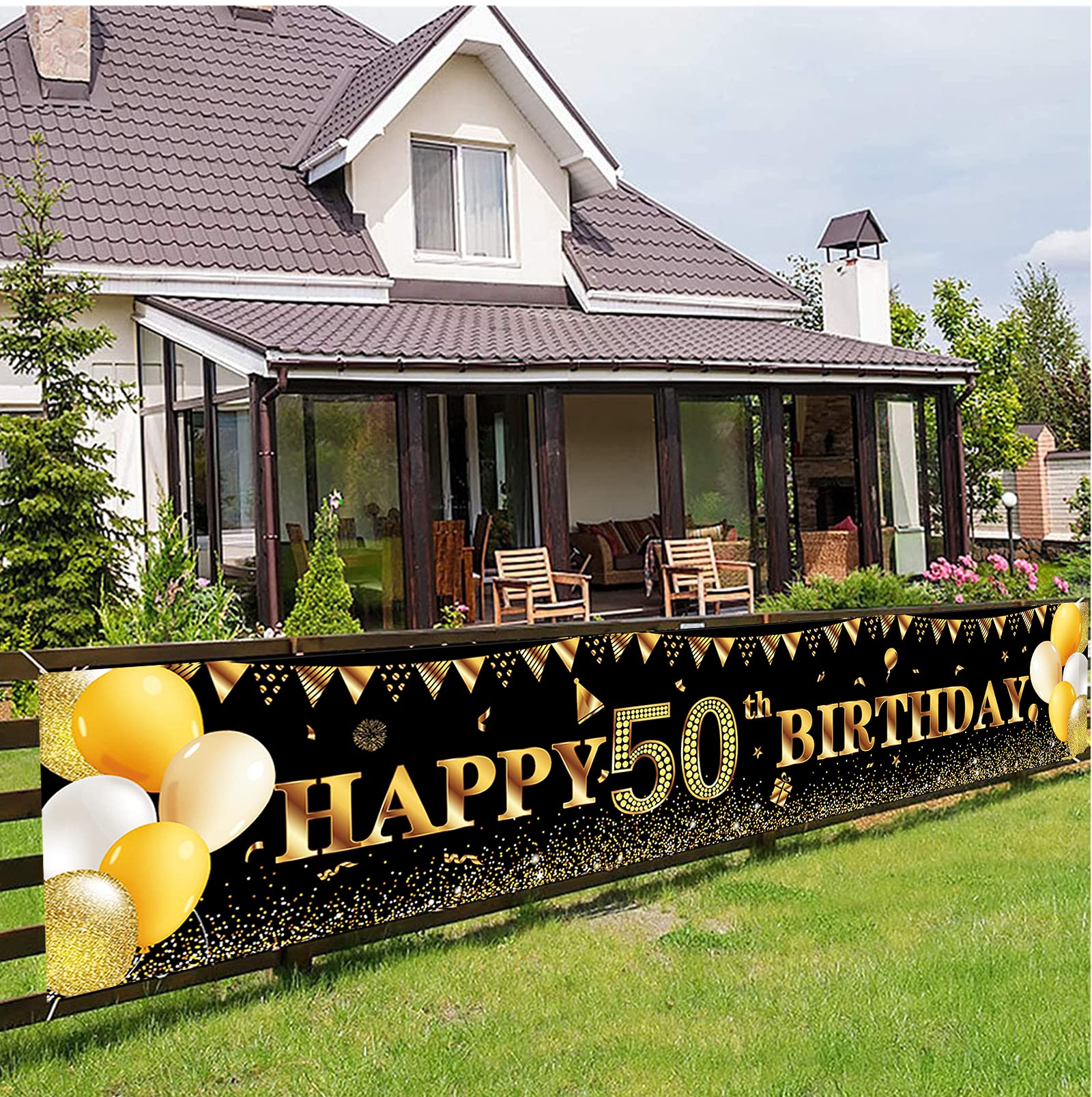 Happy 50th Birthday Banner,50th Birthday Decorations Black Gold,Party BackdropBanner Fabric Banner for Men Women 50thBirthday Photo Backdrop,Photography Background,Outdoor Garden Table Wall Decor