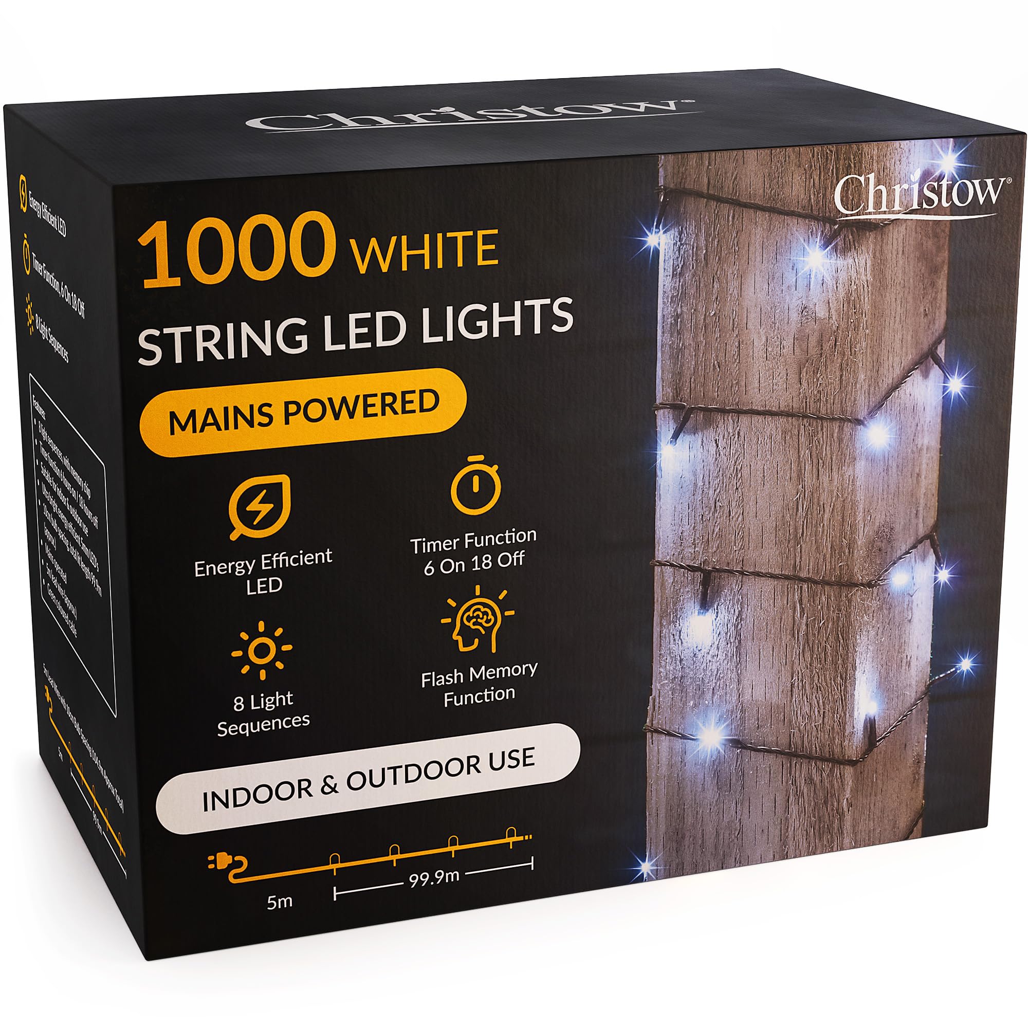 CHRISTOW Christmas Fairy Lights, White LED String Lighting with Timer, Indoor & Outdoor, Tree Lights, Mains Operated, 8 Light Modes Flashing & Static, Green Cable (100 LED / 10m Lit Length)
