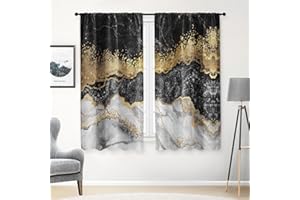Arttown Vintage Black Gold Silver Marble Kitchen Curtains, Abstract Short Window Curtains Set of 2, Window Treatment Tier Curtains for Kitchen Over Sink Bathroom Dining Room Decor (42x63 Inch)