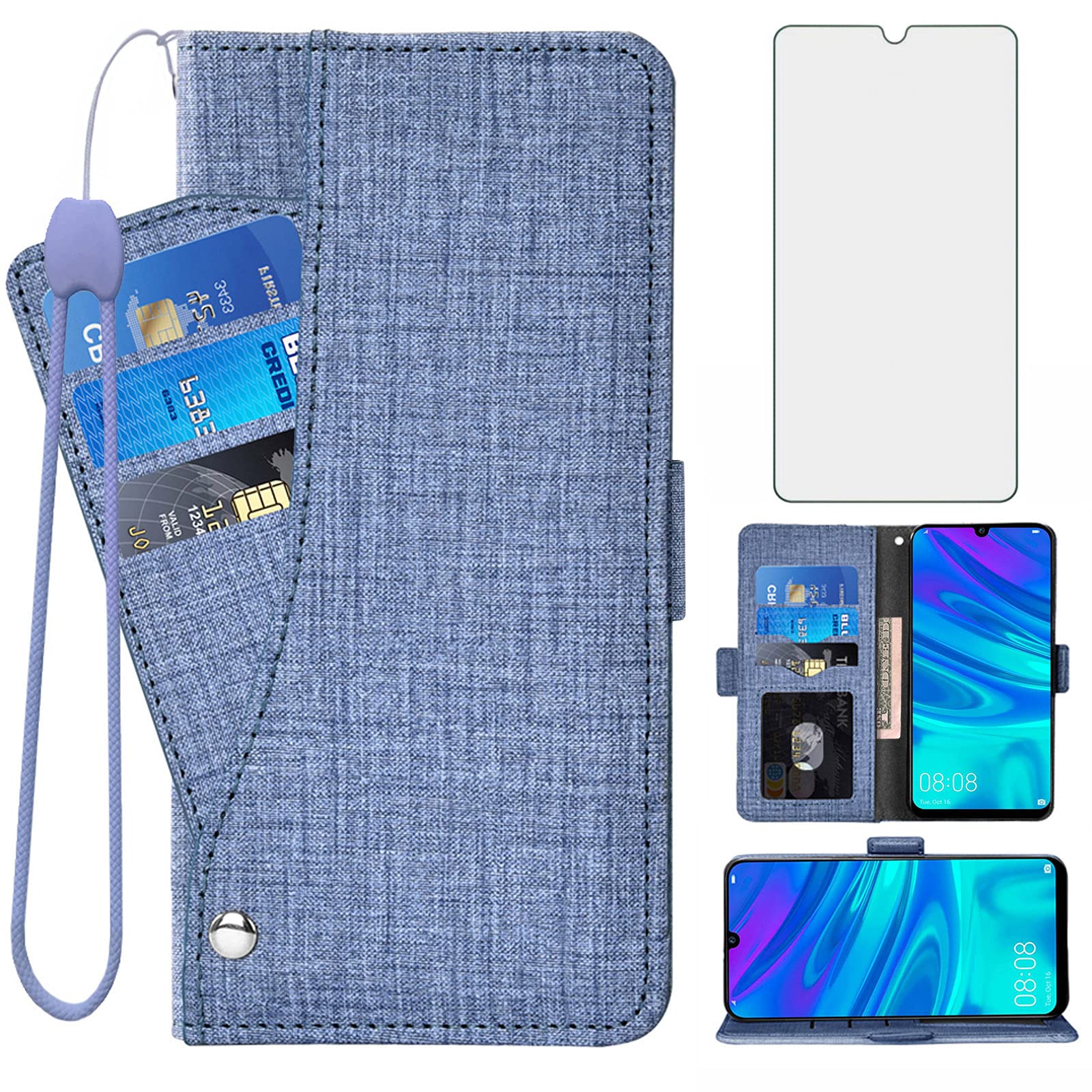 Asuwish Compatible with Huawei P Smart 2019/Honor 10 Lite Wallet Case Tempered Glass Screen Protector and Leather Flip Cover Card Holder Stand Cell Phone Cases for Hawaii PSmart 2019 Women Men Blue