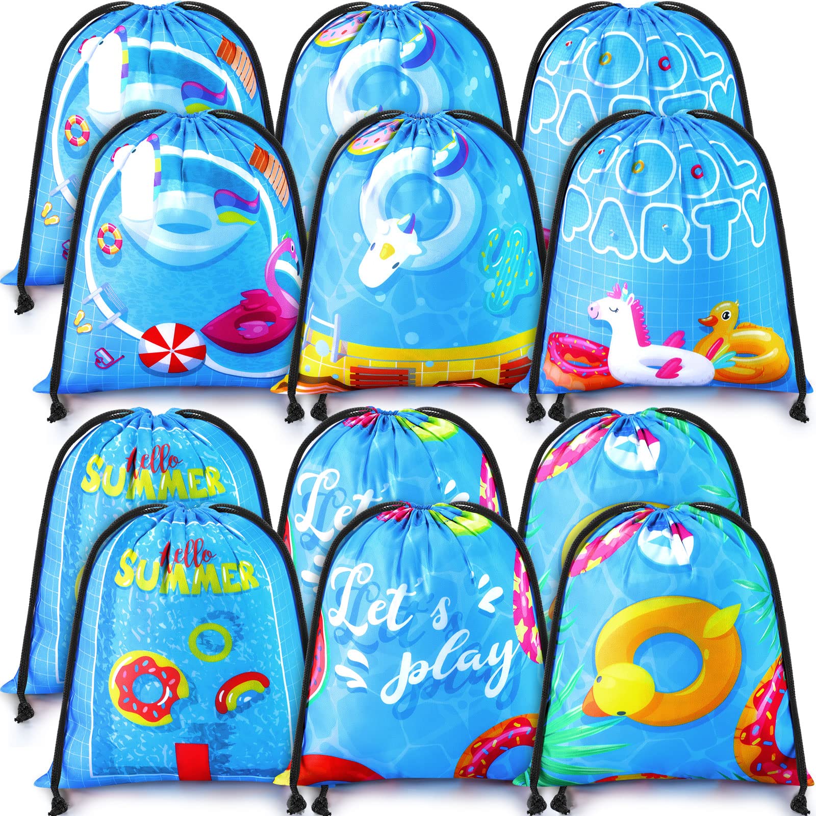 Photo 1 of 12 Pcs Pool Party Bags Drawstring Beach Bag Goody Favor Gift Bags Beach Shark Tropical Theme Party Supplies for Summer Pool