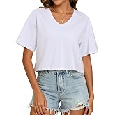 PRIMODA Women's Oversized Crop Tops Boxy V Neck Short Sleeve Cropped T Shirts Loose Summer Workout Crop Tee Tops