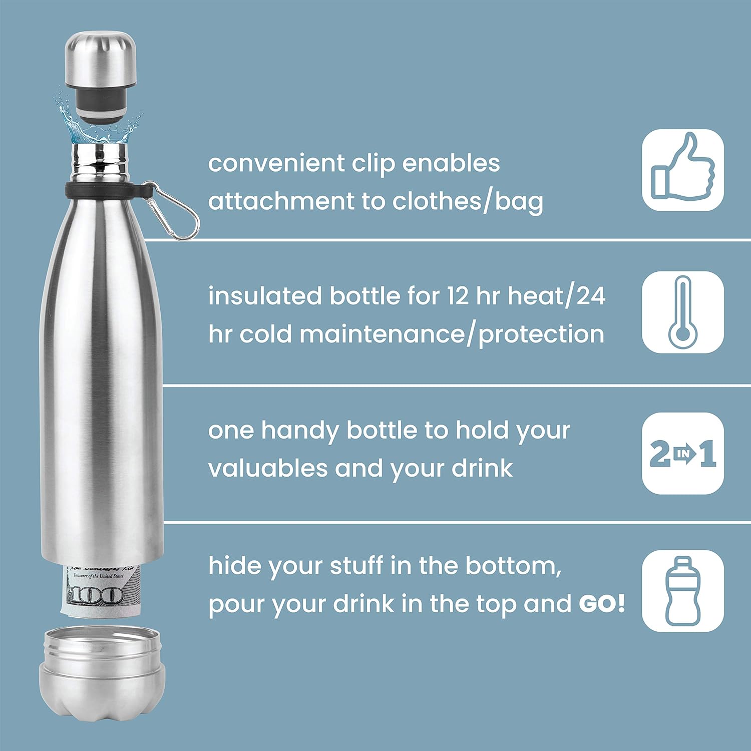 Diversion Safe Water Bottle Hidden Storage Stainless Steel | Insulated Slim Water Bottle Keeps Your Drink Hot & Cold While Ensuring Valuables Are Secured | The Best Hide Money Container | 18 Ounces - - 