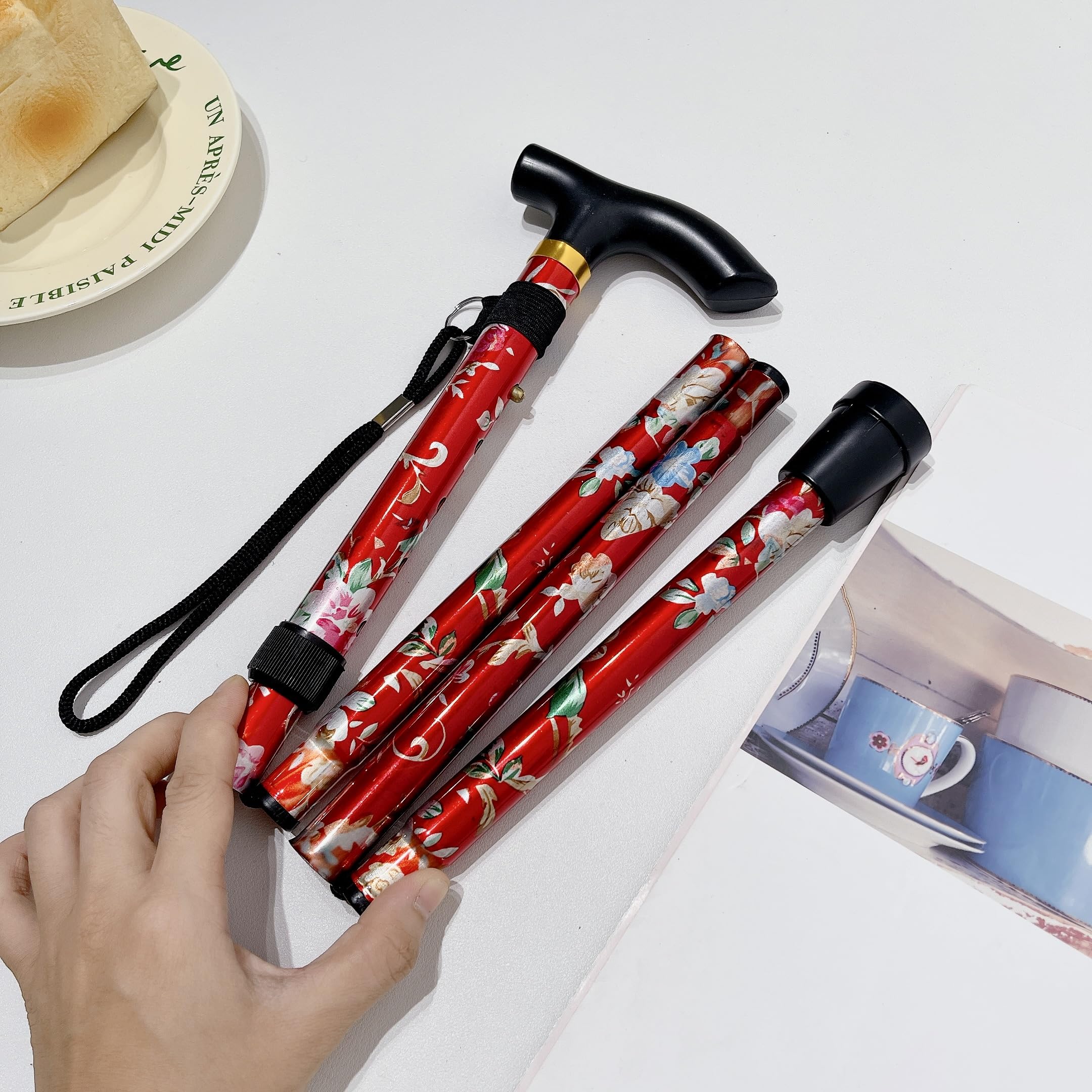 WALKING POLES - Adjustable folding walking poles for men and women - Lightweight and portable foldable balance walking aid - Walking cane for travelling, suitable for elderly women.(red print)