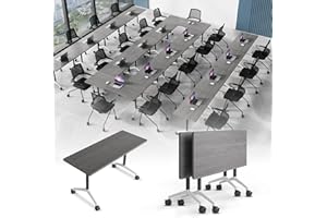 JNMDLAKO Modular Conference Table 2PCS, Folding Conference Room Tables on Wheels Grey 55.1in, Modern Rectangular Training Table for Office Meeting, Rolling Seminar Tables for 2-6