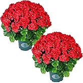 Geraniums Artificial Flowers Realistic – 2 Pack 18" Potted Faux Geranium Plants Deep Pink, UV Resistant Silk Flowers for Outdoor Indoor Front Porch Garden Home Decor (2, Red)