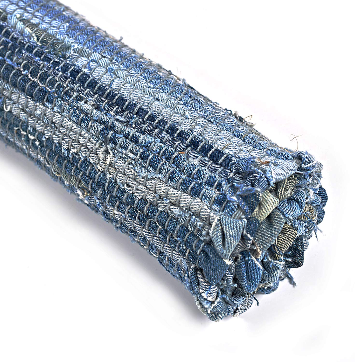 MOTINI Hand Woven Denim Reversible Laundry Room Kitchen Rag Rug Washable Recycled Thick Cotton Contemporary Blue Striped Floor Entryway Throw Rug for Bathroom,2\'×3\'