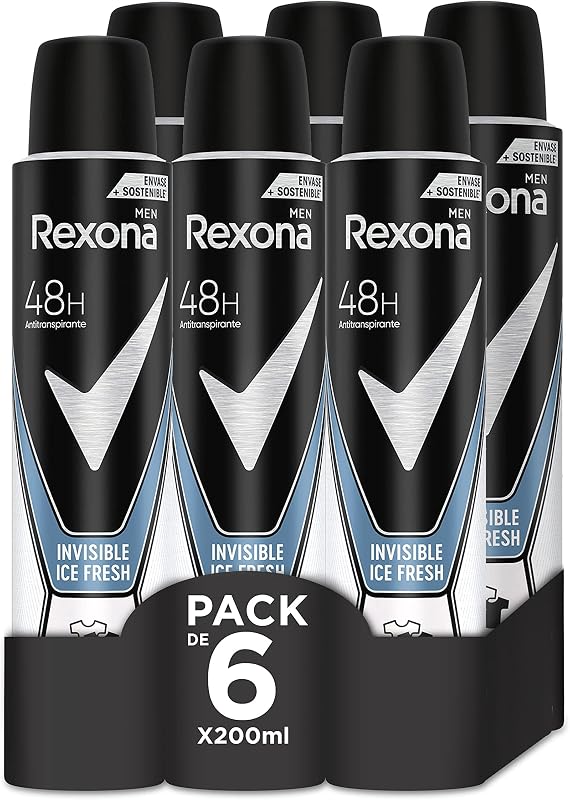 Invisible Desodorante Aerosol Antitranspirante para hombre Ice 200ml - Pack de 6, El embalaje puede variar