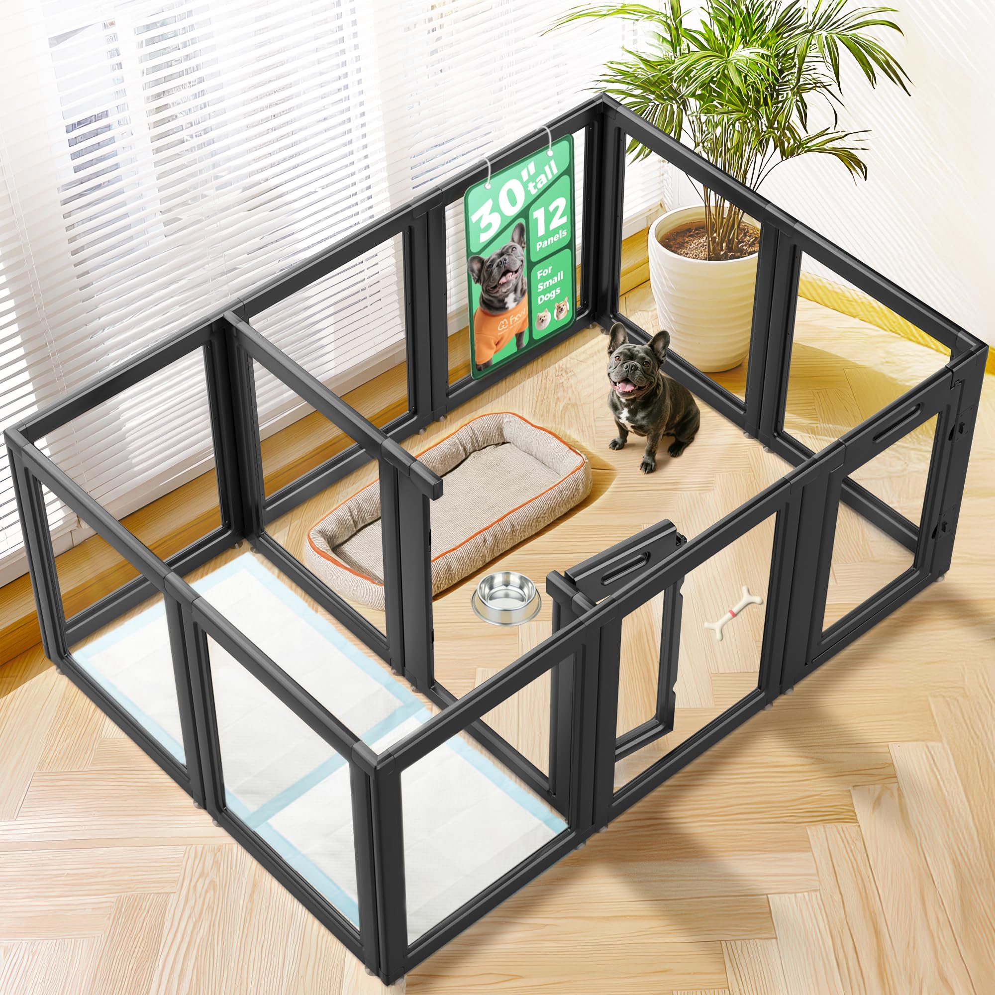 Photo 1 of FXW AuraSpace Acrylic Indoor Dog Playpen for Small and Medium Dogs, 30 Inch, 12 Panels, Black