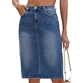 CIMUK Women's Jean Skirt High Waist Back Slit Stretch Below Knee Length Denim Skirts