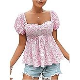 WDIRARA Women's Floral Print Sweetheart Neck Puff Short Sleeve Blouse Smocked Ruffle Hem Peplum Top