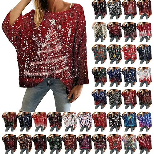 Christmas Jumpers for Women Hollow Out Graphic Knitted Pullover Sweater Loose Xmas Long Sleeve Crochet Cover Up Tops Knitwear, A08-Wine, L