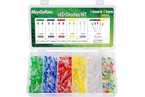 MAYGYRAIN 3mm & 5mm LED Diodes Kit,700 Piece 10 Values 5 Color, Light Assortment Kit Low Voltage Circuit Emitting Diodes Bulb Lamp Set, Green, Blue, Red, Yellow, White (5mm-5color-500pcs & 3mm-5color-200pcs)