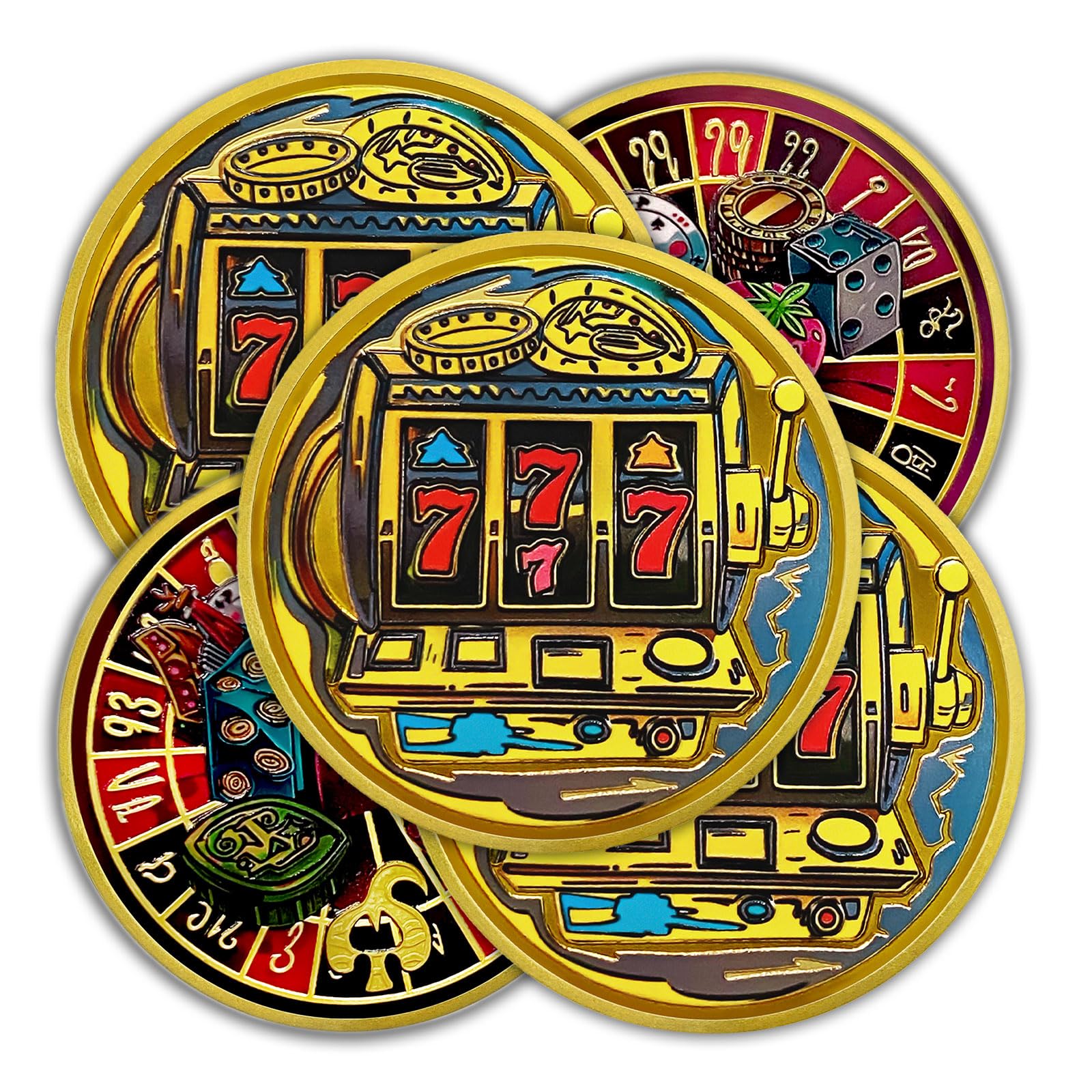5 Pcs Unique Roulette Casino Lucky Coin, 777 Slots Lucky charms - Horseshoe Card Guard Coin - Clover Poker Chip - Las Vegas Casino Accessories -Collectibles Gifts for Men Women
