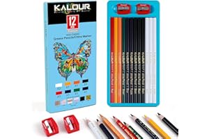 Kalour Wax-Based China Markers, 12 Pack Grease Pencils with 2 Sharpeners, 8 Colors, marker for Glass, Metal, Wood, Fabric and Paper