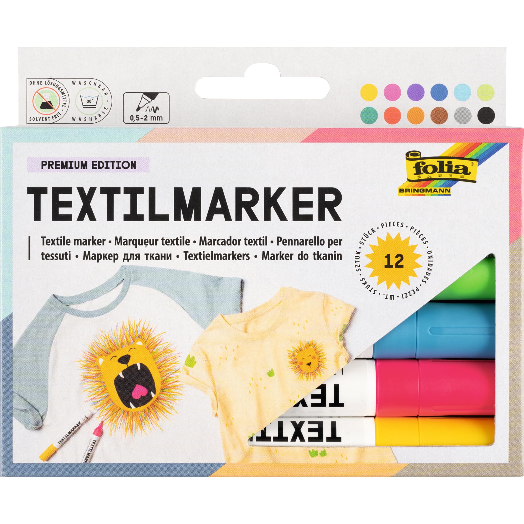 folia 581 Textile Painter, 12 Assorted Colours, Fade-Resistant and Waterproof