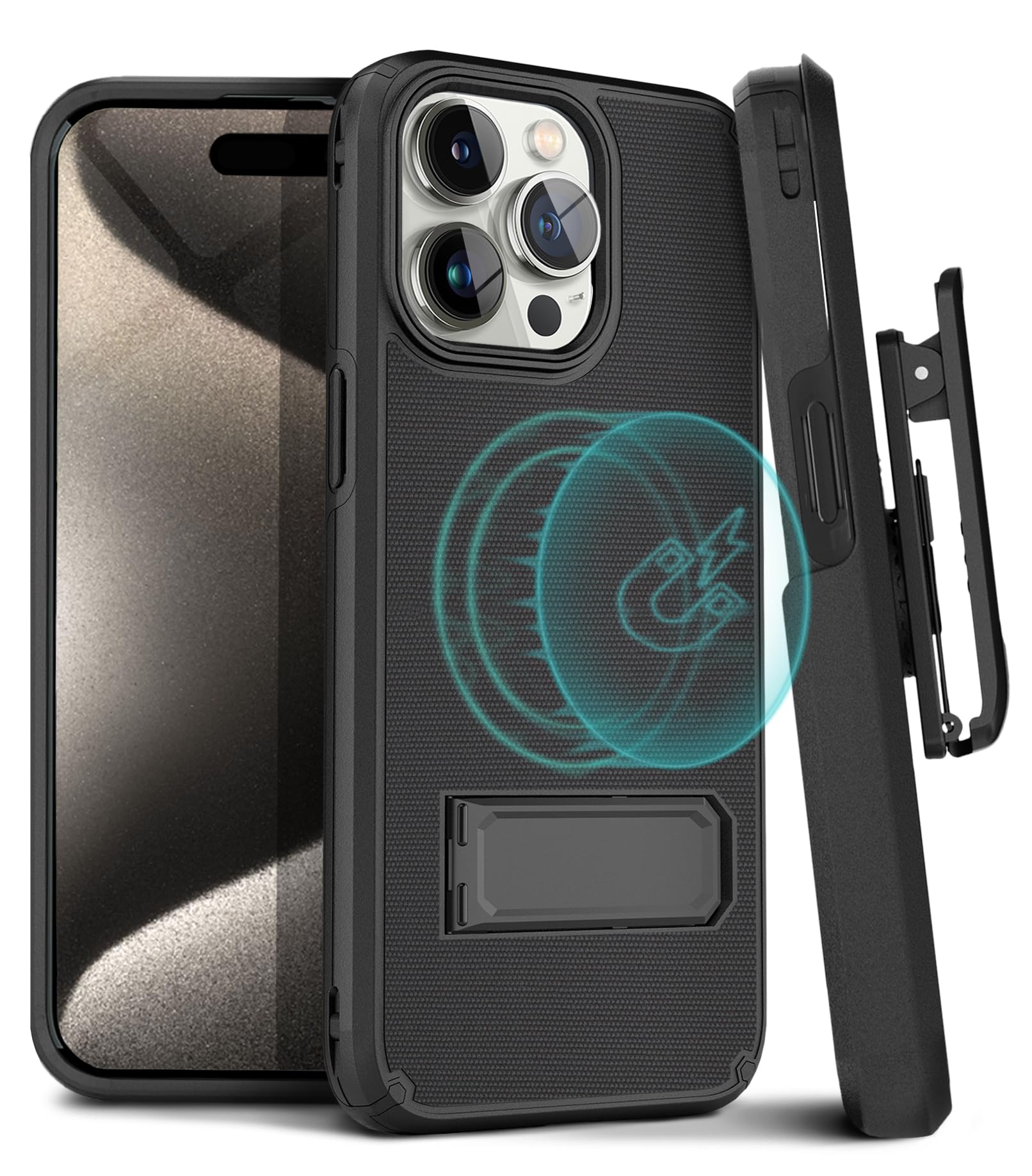 MOTIVE iPhone 15 Pro Max Case with Clip & Kickstand, Magnetic, Shell Holster Combo, 6.7" | Black V2
