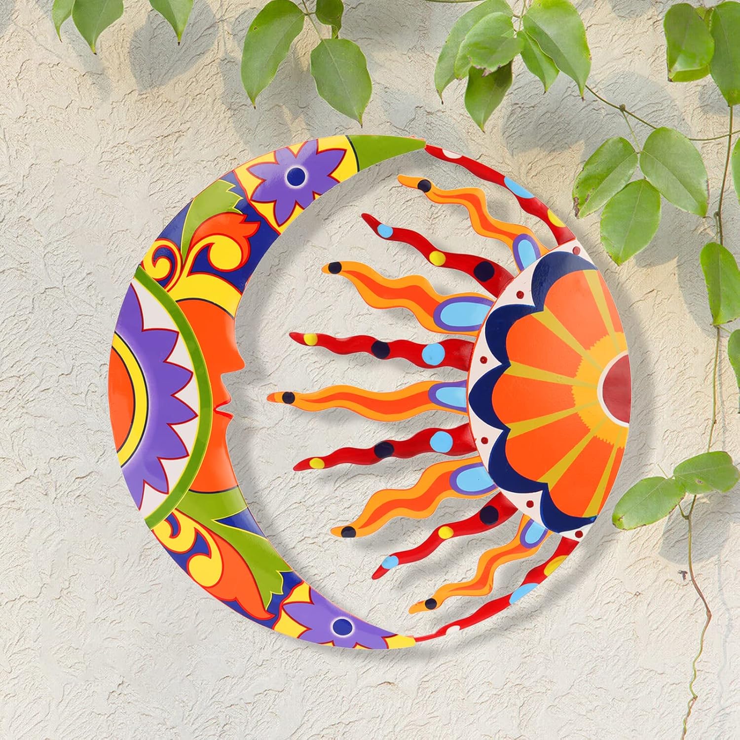 Plaques & Wall Art - JOHOO 16” Metal Sun and Moon Wall Art Decor, Colorful Handcrafted Mexican Talavera Style Celestial Wall Sculptures Hanging for Indoor Outdoor Living Room, Garden, Patio, Yard, Fence Decoration