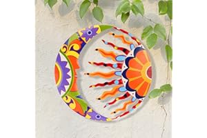 JOHOO 16” Metal Sun and Moon Wall Art Decor, Colorful Handcrafted Mexican Talavera Style Celestial Wall Sculptures Hanging for Indoor Outdoor Living Room, Garden, Patio, Yard, Fence Decoration
