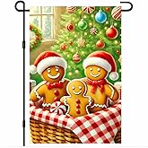 BlissYard Christmas Garden Flag 12x18 Inch Welcome Gingerbread Family Yard Flag Double Sided Holiday Outdoor Banner with Santa Hats Tree and Candy for Winter Porch Lawn Patio