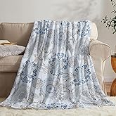 Neasow Teal Fleece Throw Blanket, Light Blue Paisley Design Floral Cozy Decor Nap Blankets for Sofa Bed Couch Chair or Dorm Throws 50×60 inches