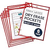 Essex Wares - 6 Pack, Red, Dry Erase Pocket Document Protectors, 10" Wide x 13.5" Tall - Clear Plastic Sleeves - Reusable & Easy Erase Plastic Invoice Holders, Water-Resistant & Durable