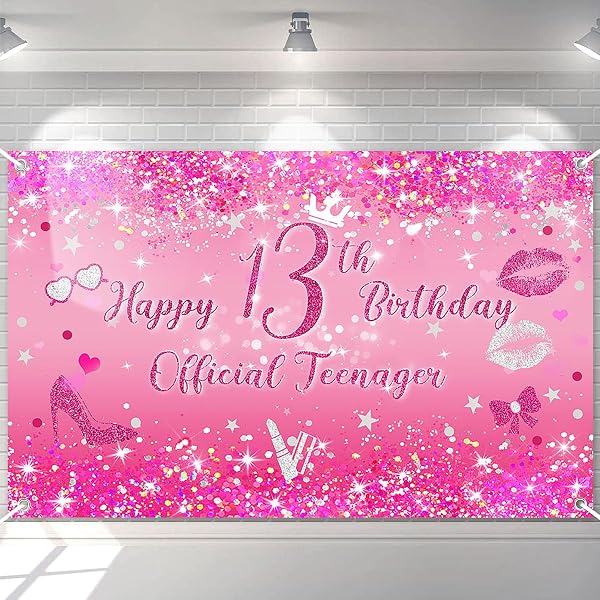 PAKBOOM Happy 13th Birthday Backdrop - 4x6ft Pink Purple Gold Banner, Girls Birthday Party Decorations - View #12