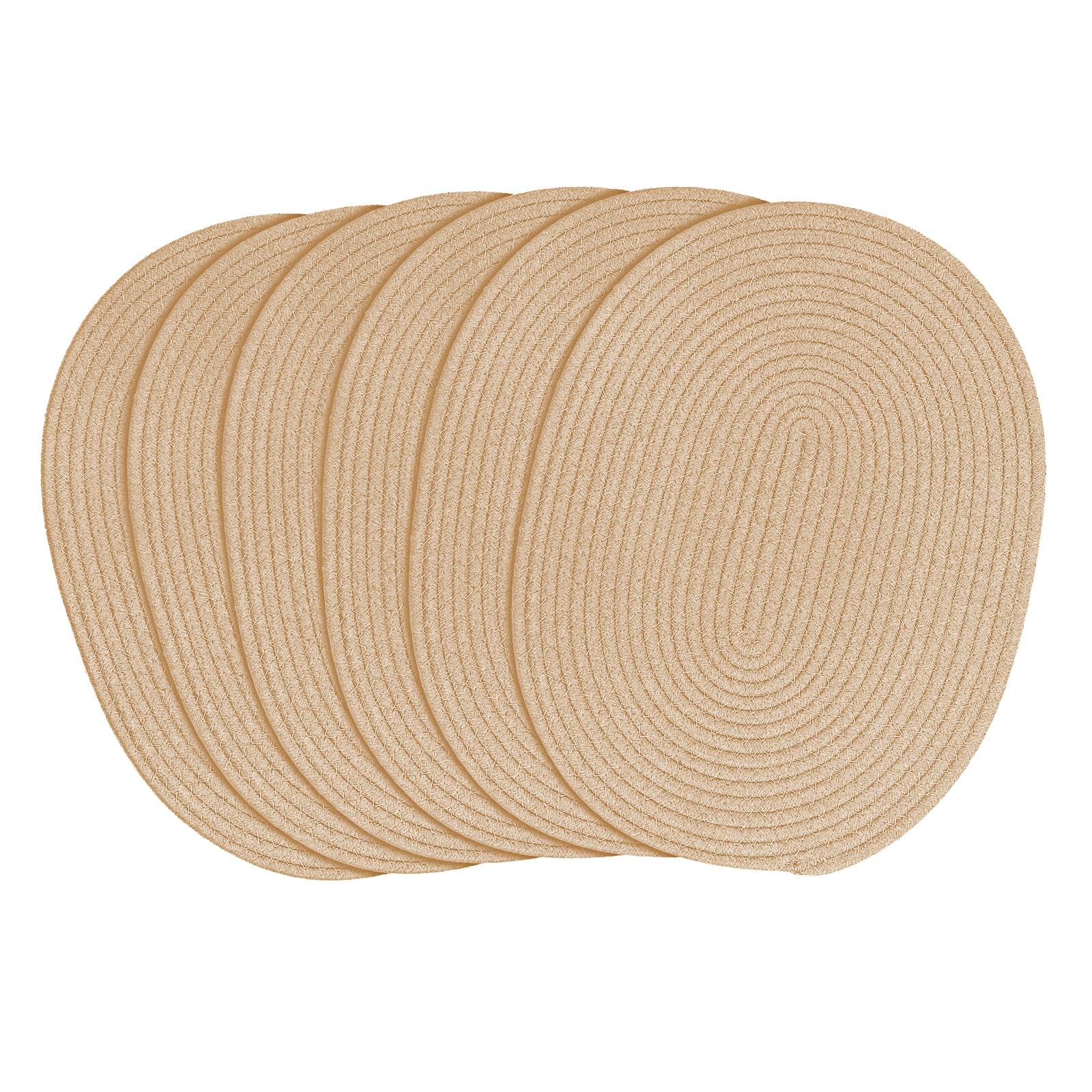 fanquare Oval Woven Placemats Set of 6 Light Brown Cotton Rope Braided Placemats Heat Resistant Washable Non-Slip Table Mats for Kitchen Dining Table, Home Decoration 30 * 40cm