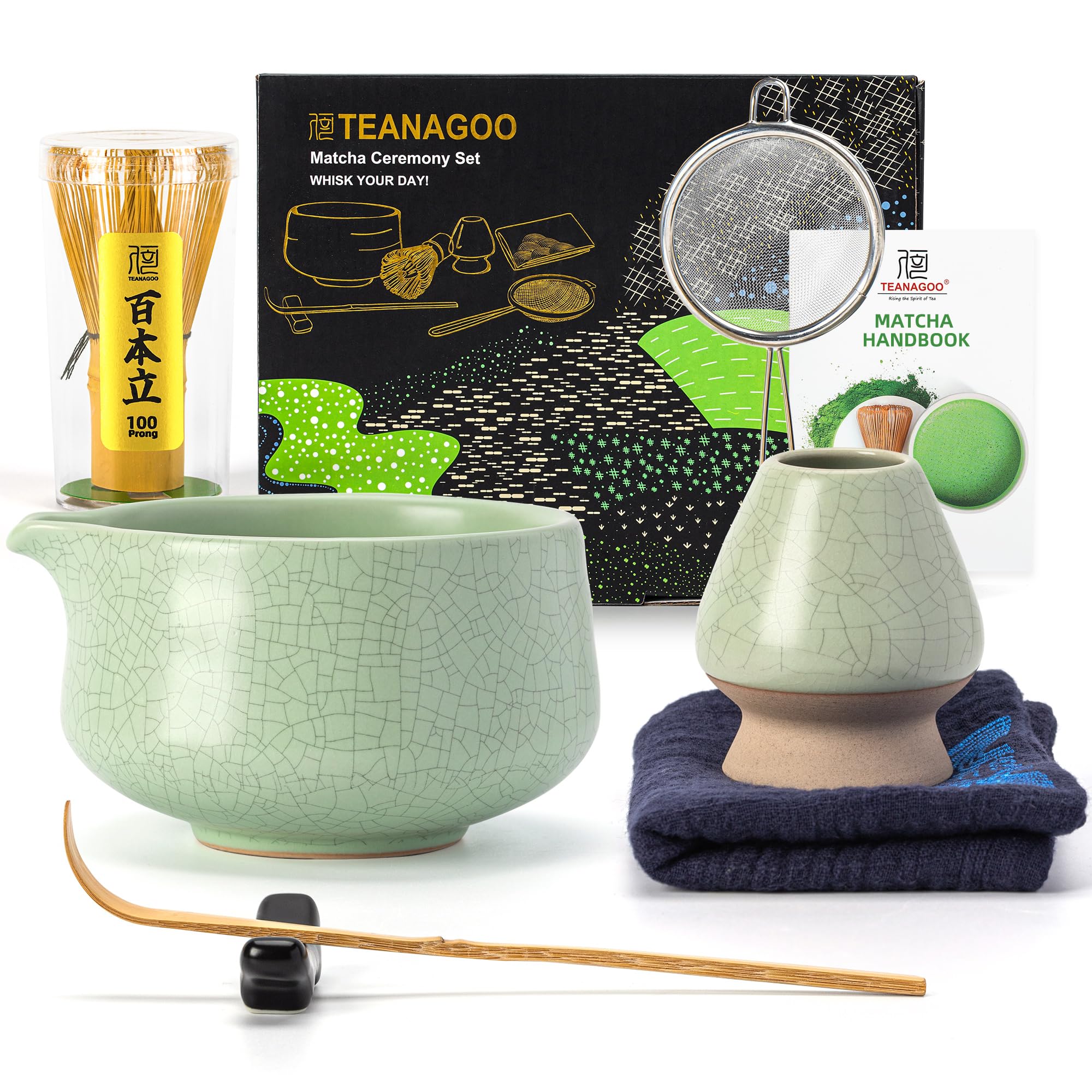TEANAGOO Matcha Whisk Set Green,7 Pcs Matcha Set,Matcha Starter Kit for Ceremony,Matcha Tea Set for Making Breakfast/Latte,Green Matcha Bowl(Chawan) whith Spout and Whisk,Gift for Friend/Family
