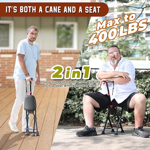 HZZEDNG HOLD 400 LBS FOLDING CANES WITH SEAT, ALLOWS DURABILITY WHILE WALKING AND CONVENIENCE FOR SITTING, ALUMINUM PORTABLE ANTI-SLIP CANE SEAT, HEIGHT-ADJUSTABLE WALKING CANE(SEAT HEIGHT 21.65 IN)