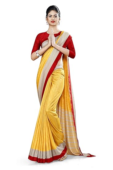 Uniform Sarees Corp Womens Plain Border Polycotton CotFeel Student Uniform Saree With Blouse (Yellow;Red)