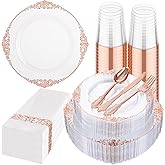 Hioasis 175pcs Clear Rose Gold Plastic Plates - Elegant Disposable Dinnerware Set Suitable for 25 Guests Include 10.25" Dinner & 7.5" Dessert Plates, Cutlery, Napkins, Cups for Party