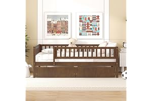 DEINPPA Full Bed with Drawers, Kids Daybed with Storage, Wooden Bed Frame with Slat for Kids Children Toddlers Boys Girls-Walnut
