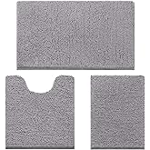 HOMEIDEAS 3 Pieces Bathroom Rugs, Soft Thick Absorbent Chenille Bath Mats, Washable Non-Slip Floor Rugs for Shower & Bath, Grey