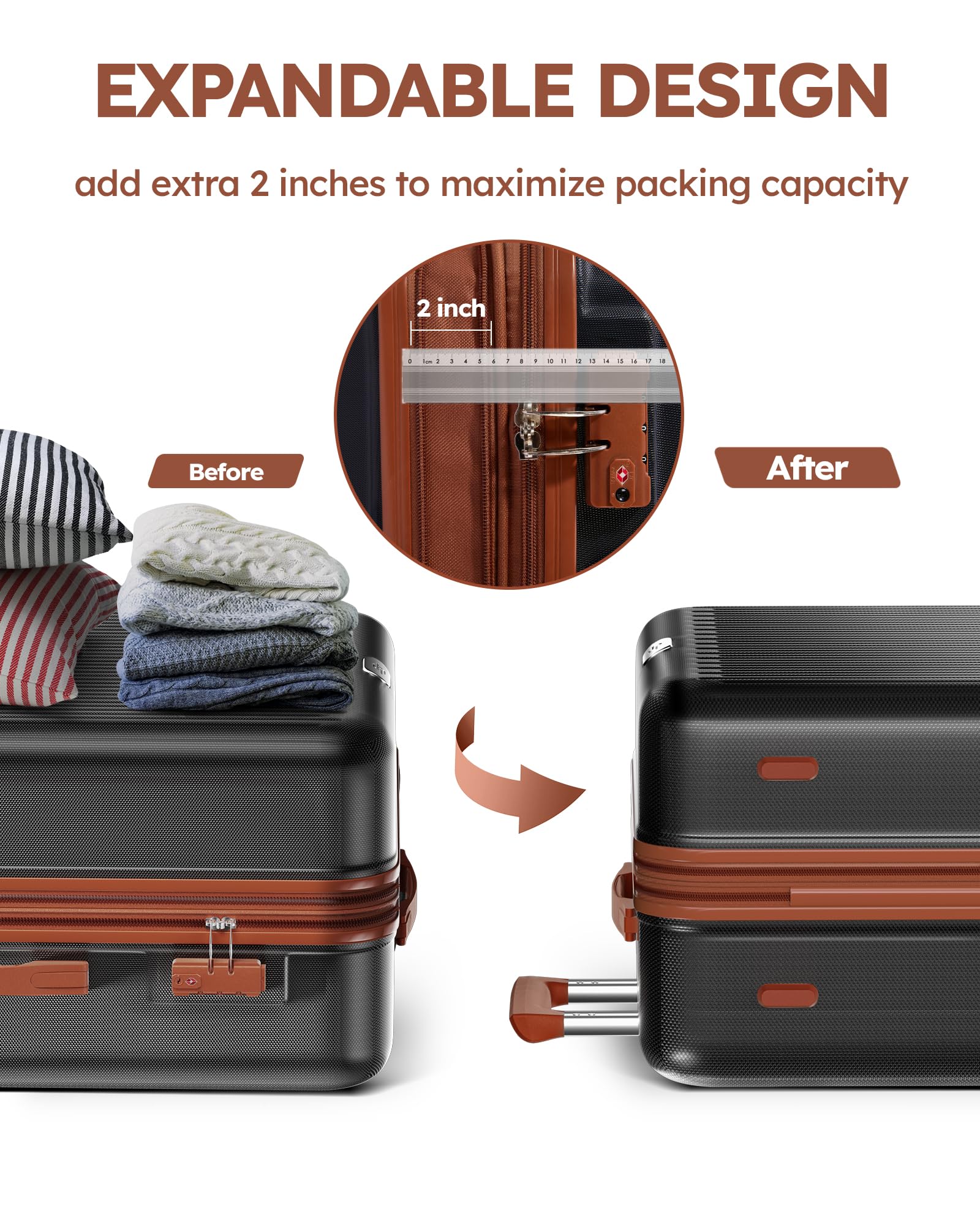 3 Piece Luggage Sets Expandable, Hardshell Travel Suitcase with Double Spinner Wheels and TSA Lock (Black Brown)
