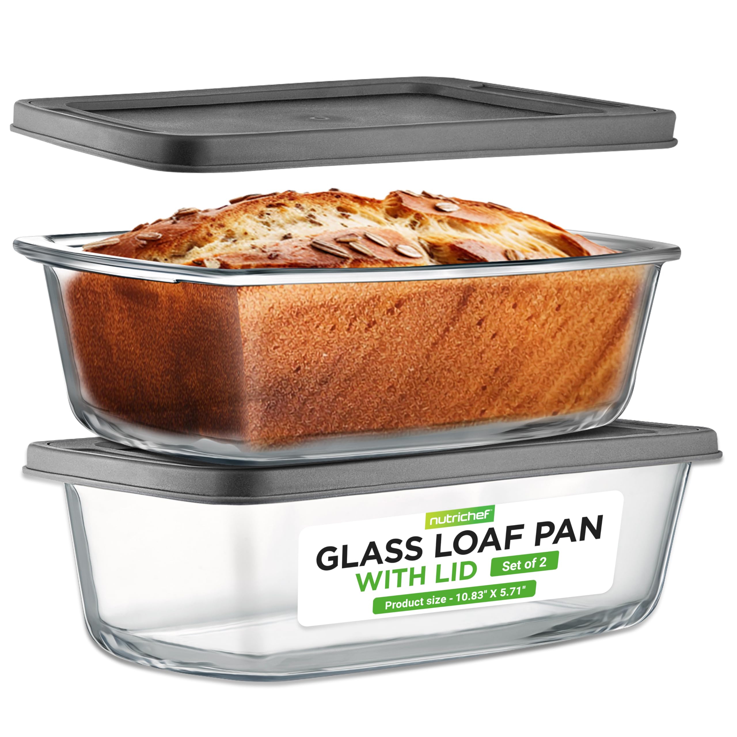 Photo 1 of NutriChef 4 Piece Glass Loaf Pan Set with Lids - Stackable 1.9 QT/62oz Glass Bread Baking Dishes - 2 Food Storage Containers + 2 Airtight Lids, Oven & Microwave Safe, Dishwasher Safe - Clear