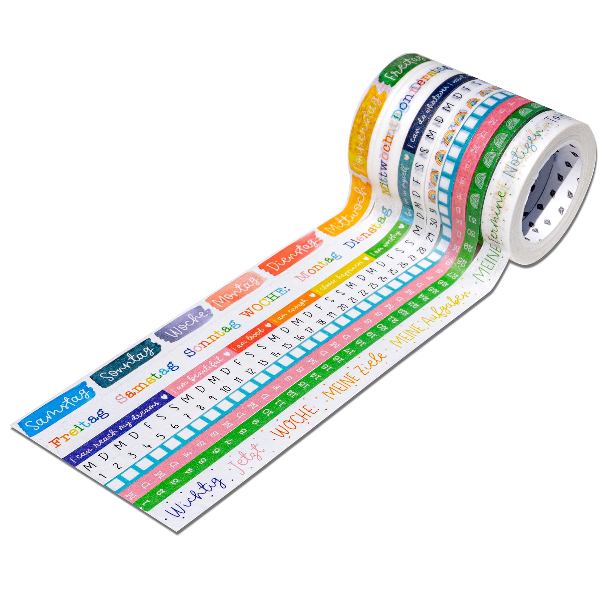 Papierdrachen 9 Washi Tapes for Bullet Journal, Hand Lettering, Days, To Do, DIY Weekly Schedule, Tasks, Ideal for Beginners and Professionals, Watercolour, Set of 6