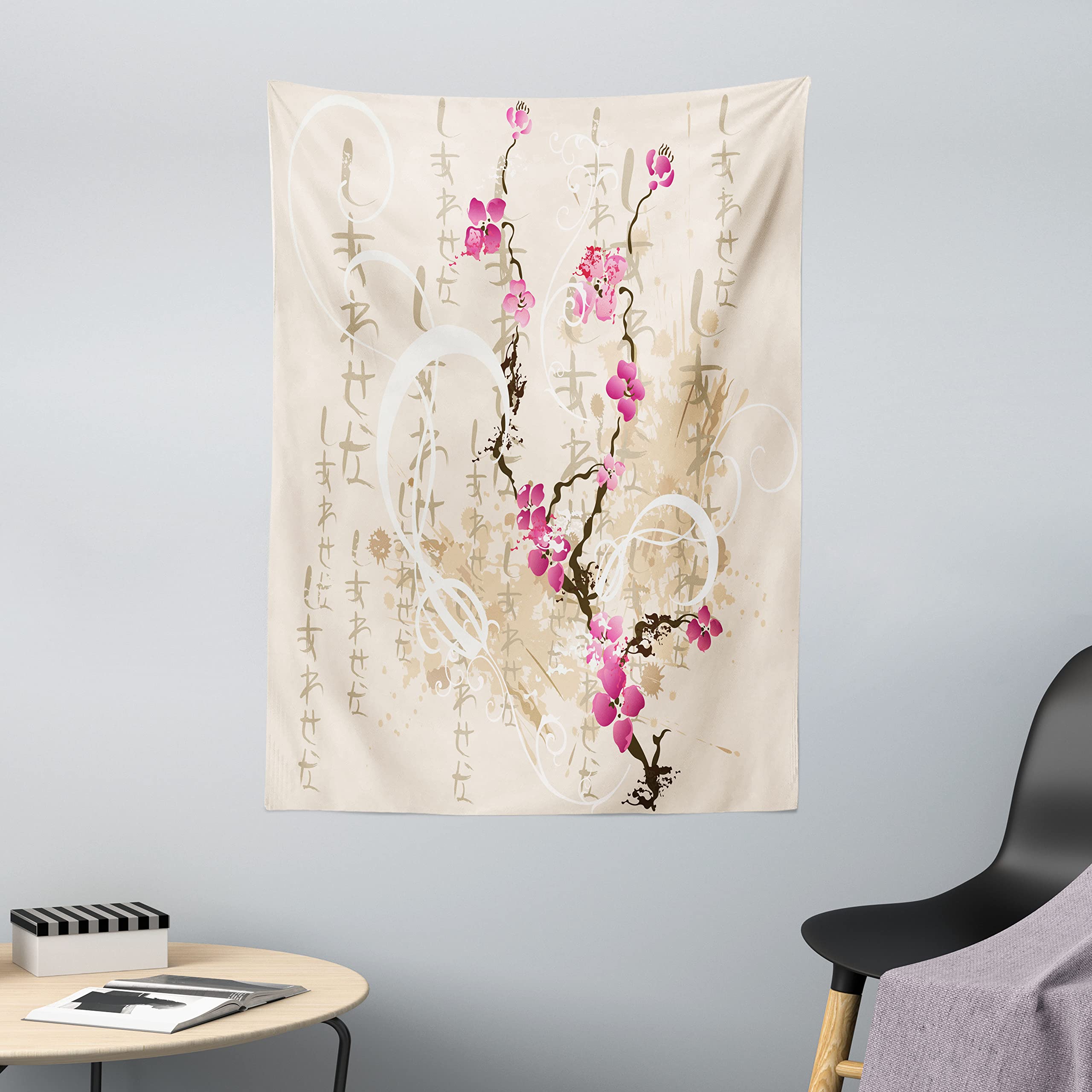 ABAKUHAUS Cherry Blossom Tapestry, Painting Style Japanese Sakura Tree on Grungy Background with Inscription, Fabric Wall Hanging Decor for Bedroom Living Room Dorm, 43 W X 58 L, Multicolor