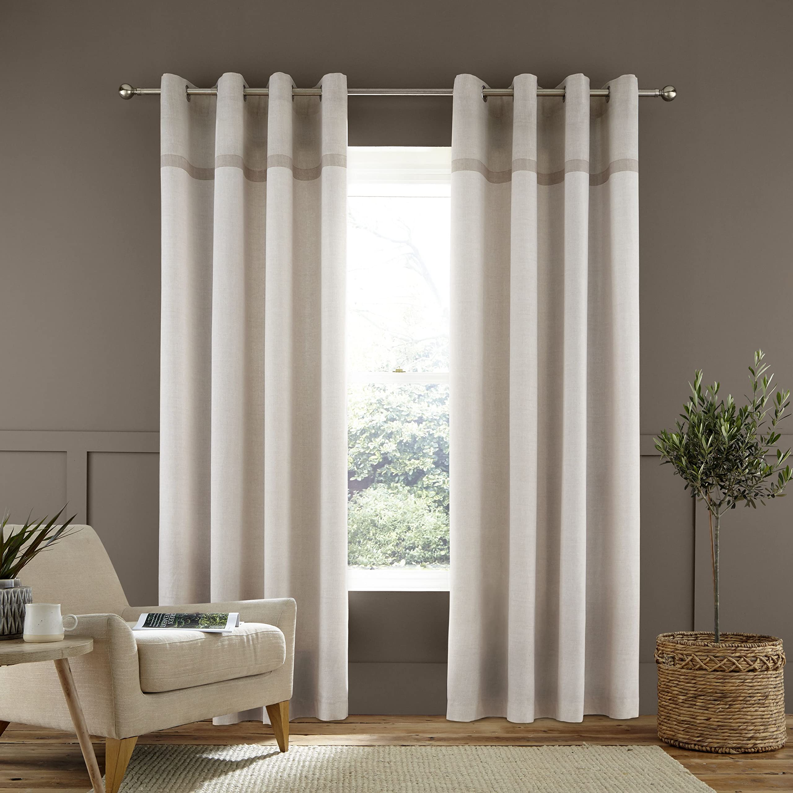 Catherine Lansfield Melville Woven Texture Cotton 66x90 Inch Eyelet Unlined Curtains Two Panels Natural