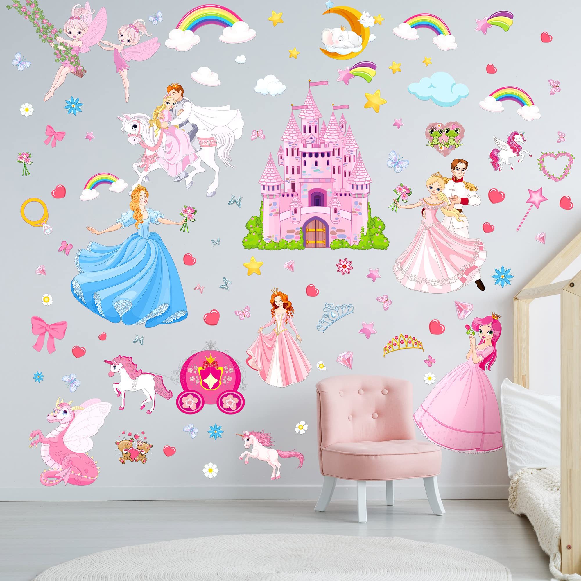 Censen 124 Pieces Princess Unicorn Wall Stickers Castle Fairy Rainbow Wall Decals Removable Princess Stickers Princess Party Decorations for Girls Bedroom Children Baby Nursery Playroom Wall Decor