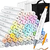 SFAIH Pastel Alcohol Markers Brush Tip - 61 Colors Double Tipped Art Markers for Artist Adult Coloring Illustration, Gifts for Artist Adult, Dual Tip Brush & Chisel - Refillable Ink, Colorless Blender