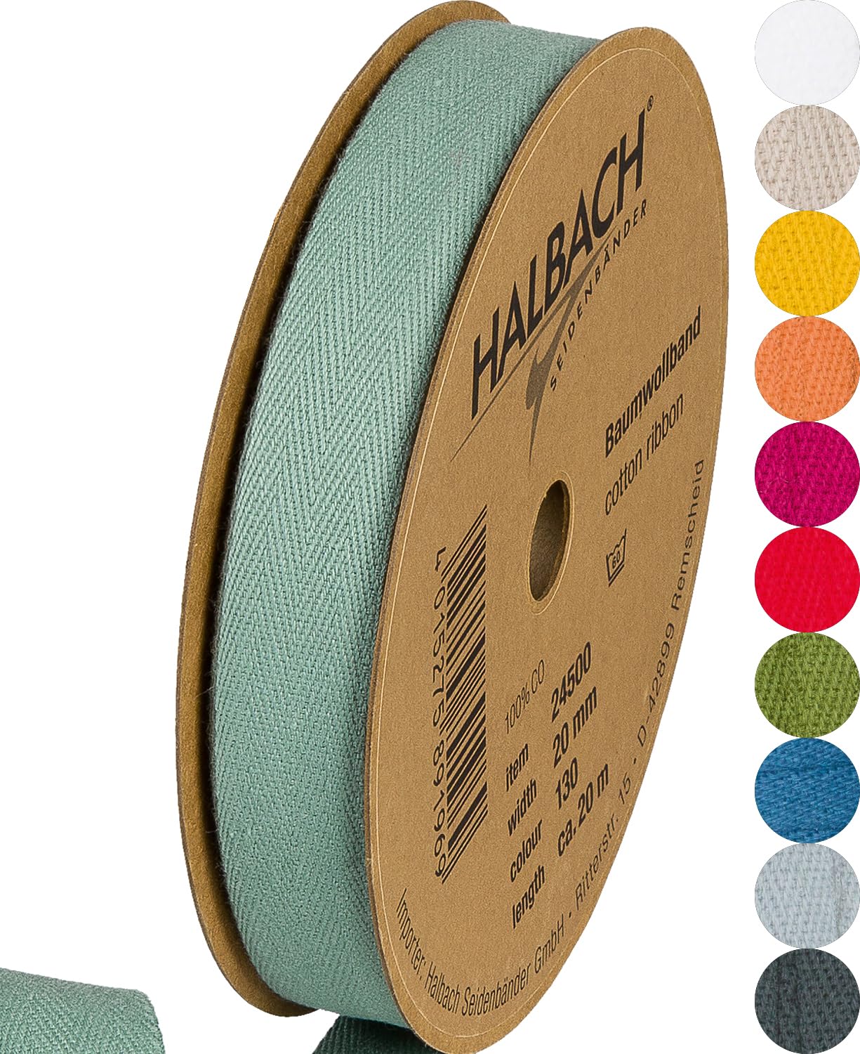 Halbach Seidenbänder Cotton Tape 20 mm x 20 m, Tapes for Crafts as Sold by the Metre, Fabric Tape for Decorations, Woven Tape 100% Cotton for DIY Crafts, Bias Binding for Sewing, Sage Green, 24500 — image 1