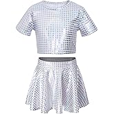 Sequin Top for Girls with Shiny Skirt Disco 0utfit Metallic Dress Performance Kids 3-13T