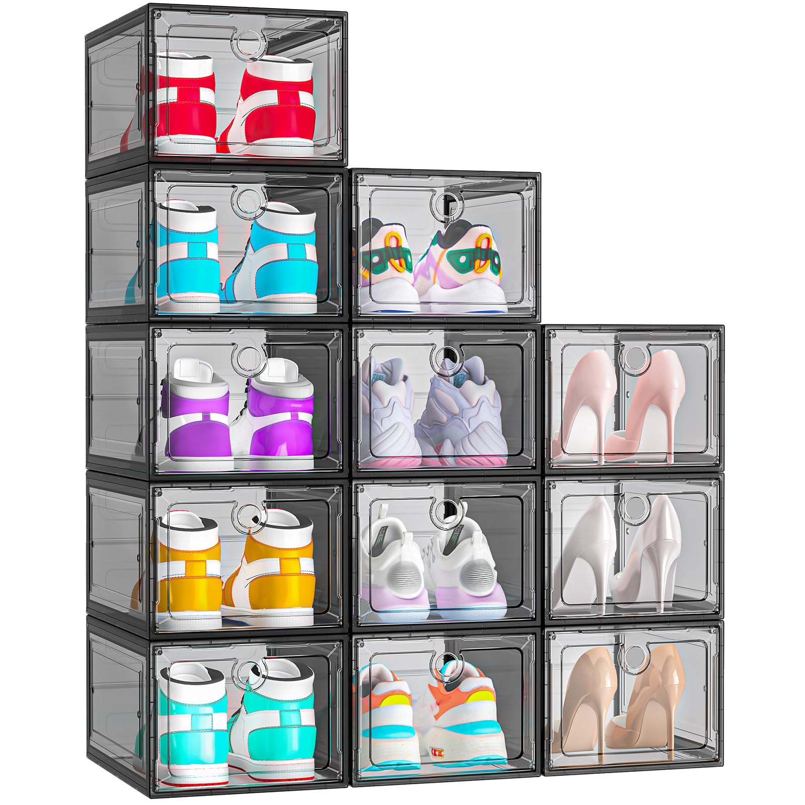 ARSTPEOE 12 Pack Upgrade Harder Shoe Organizer, Shoe Storage with Magnetic Front Door, Clear Shoe Boxes Foldable Space-Saving Shoe Rack for Sneaker Boot Container, Black Image