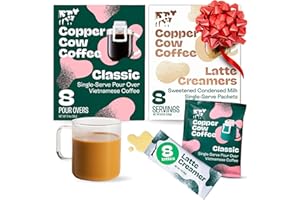 Copper Cow Coffee Pour Over Vietnamese Coffee Pouches + Sweetened Condensed Milk Creamers (8 Coffees & 8 Milk Creamers) | Classic Black Lattes, No Refrigeration Needed, Travel Friendly Ground Coffee