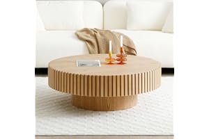 LKTART 31.49'' Natural Ash Coffee Table Modern Handcraft Drum Round Circle Wooden Solid Wood Veneer Tea Table for for Living Room Apartment