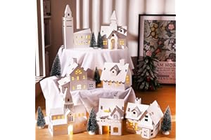 Nezyo 14 Pcs DIY Christmas Village Sets 7 White 13 Inch Unassembled Cardboard Christmas House with 7 Xmas Tree for Kids Adult Arts Crafts Collection Indoor Room Table Decor Architecture Gift