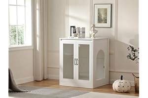 Forest Gravity Cat Litter Enclosure with Cat-Observant Glass Doors,Litter Box Cabinet with Cozy LED for Cats,Reversible and Optional Entry(Left or Right),Power Outlet for More Choice, (White)