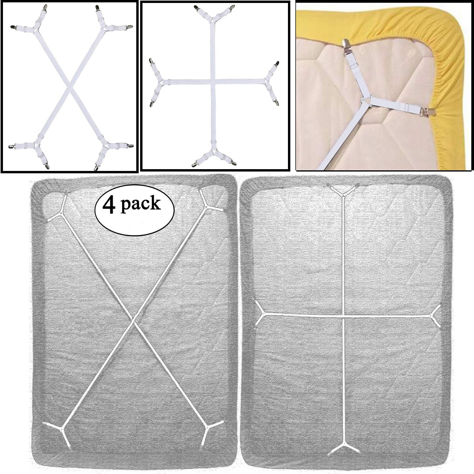 KENTAL 4pcs(2 Sets) Sheet Bed Suspenders Adjustable Crisscross Fitted Sheet Band Straps Grippers Adjustable Mattress Pad Duvet Cover Sheet Corner Holder Elastic Fasteners Clips Clippers, White
