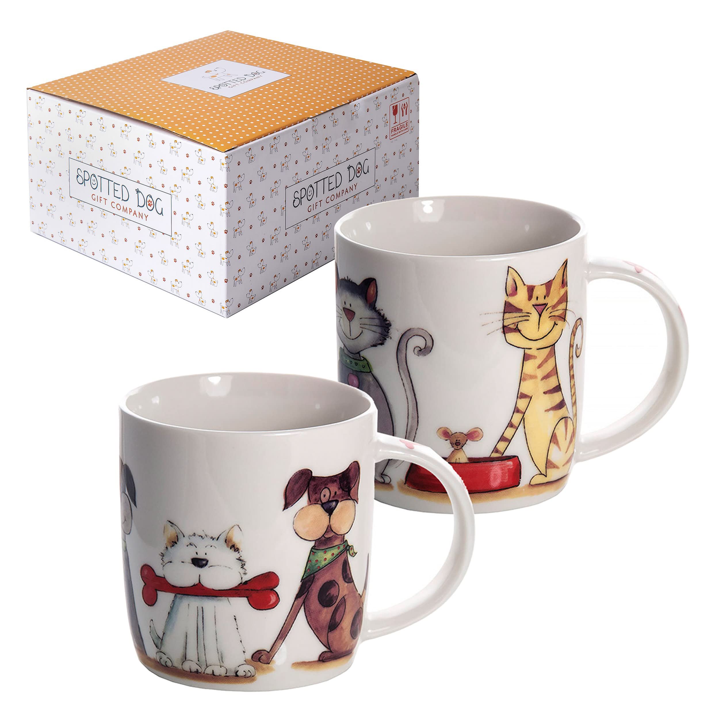 SPOTTED DOG GIFT COMPANY Cat & Dog Mugs Set of 2 – 350ml Ceramic China Coffee Mugs & Tea Cups | Cute Animal Themed Designs | Cat Lover & Dog Lover Gifts for Women, Men & Kids
